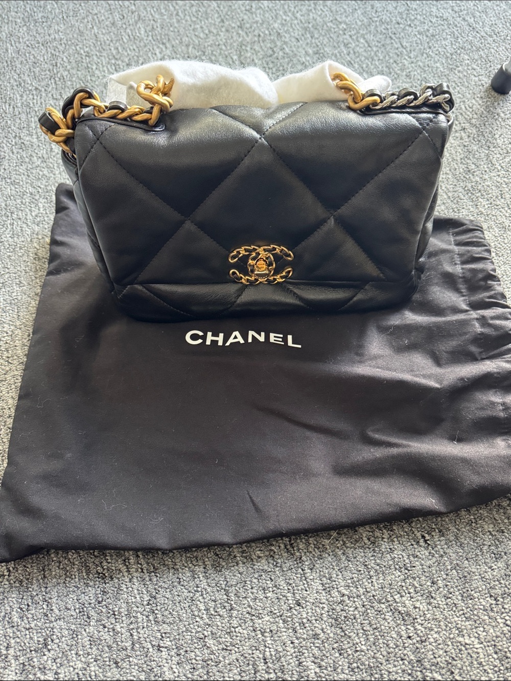 CHANEL 19 Black Quilted Leather Shoulder Bag with Gold Hardware
